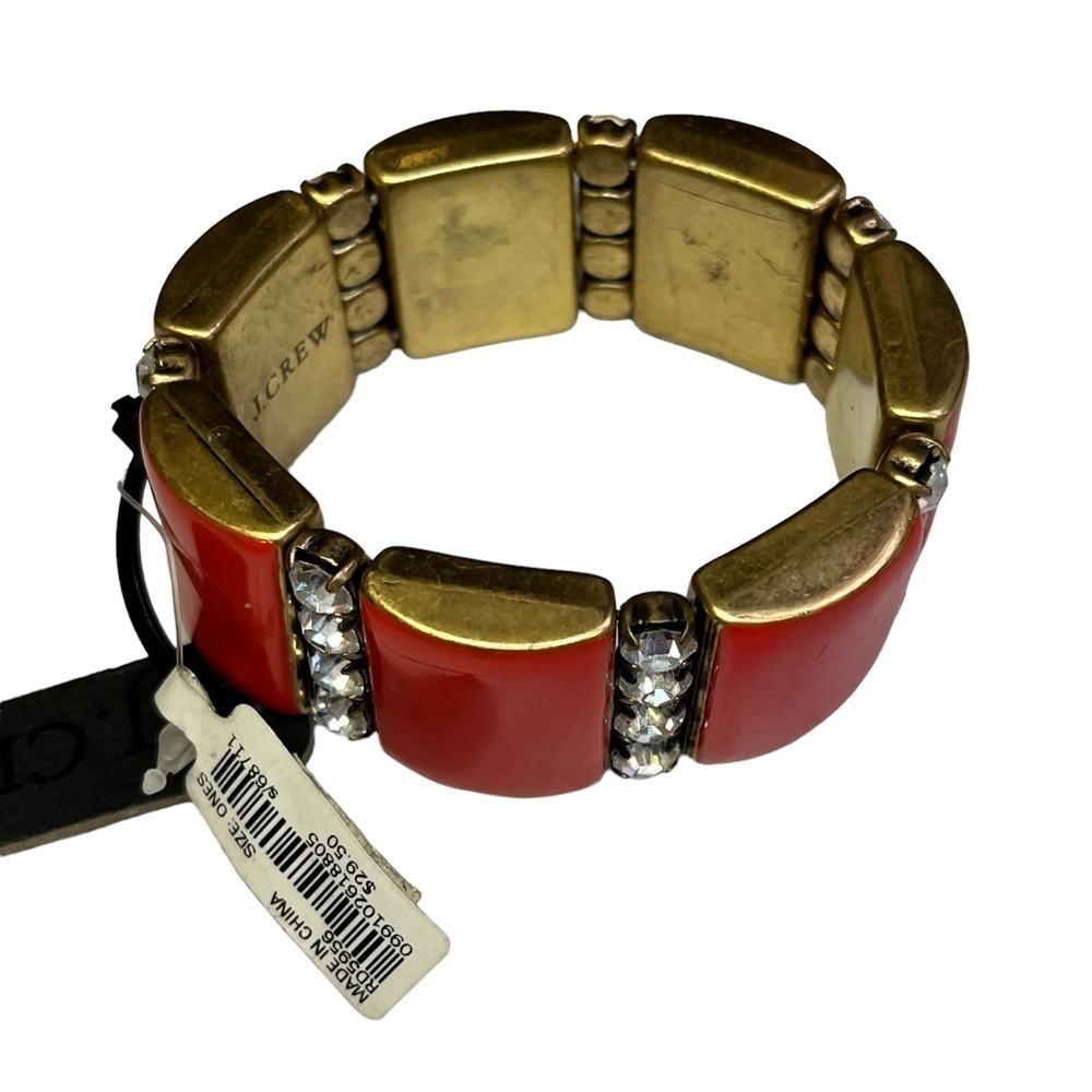 J Crew Red Square Gold-Tone Bracelet Rhinestone Diamonds New Elastic - Picture 5 of 7